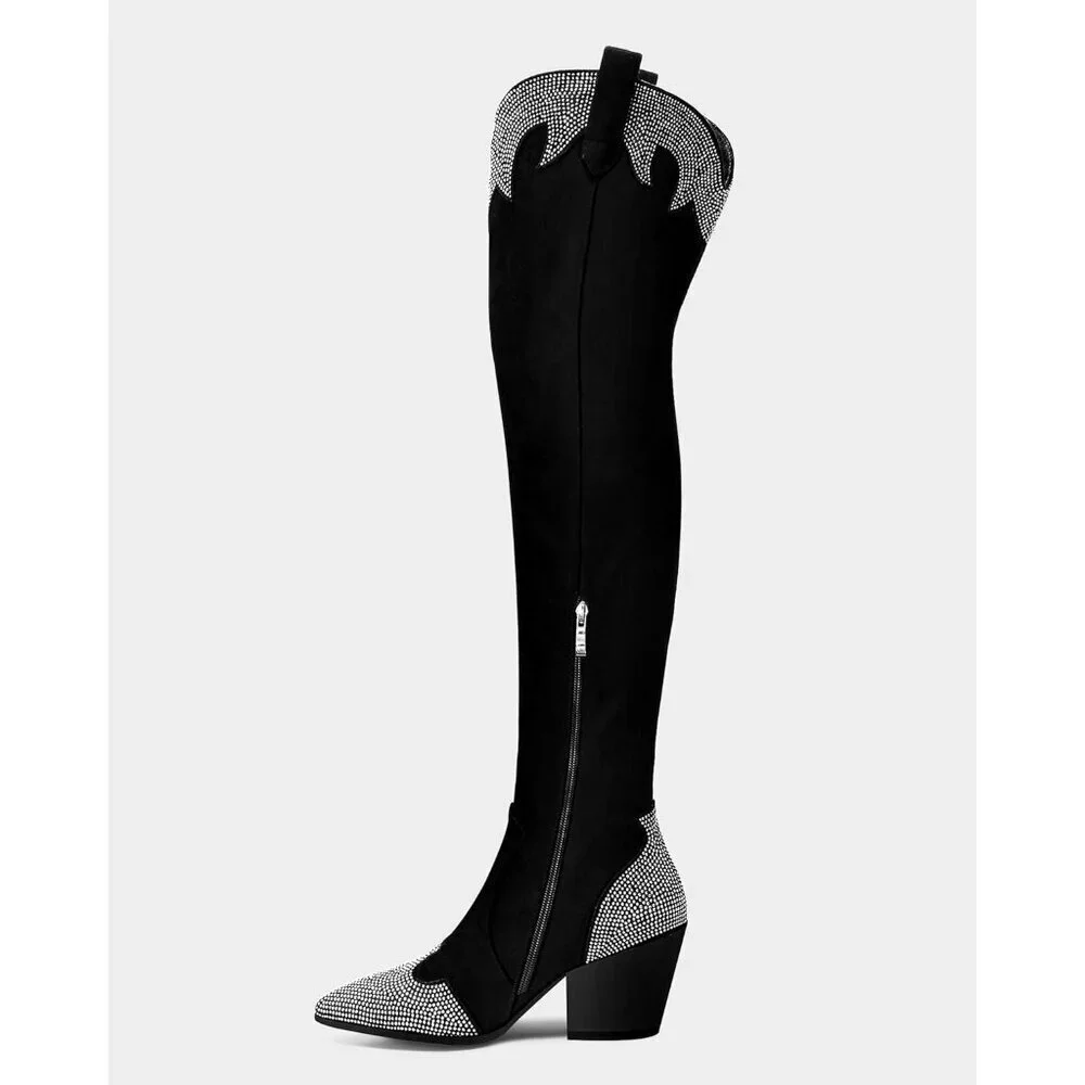 Women's Black 1 Over The Knee Rhinestone Pointed Toe Chunky Heels Zipper Boots